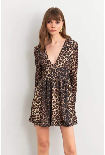 Kadın Camel-Siyah V Yaka Leopar Mini Elbise LİK17