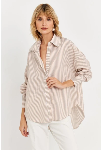 Kadın Camel Taş Detaylı Çizgili Gömlek KED4088