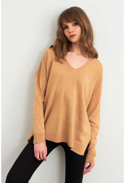Kadın Camel V Yaka Triko Kazak YİL549