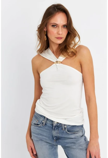 Kadın Ekru Aksesuarlı Çapraz Yaka Bluz EY3068