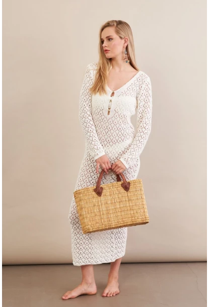 Kadın Ekru Aksesuarlı Triko Plaj Elbisesi KZ3237-90