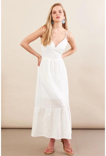 Kadın Ekru Ayarlanabilir Askılı Fistolu Midi Elbise İRE100