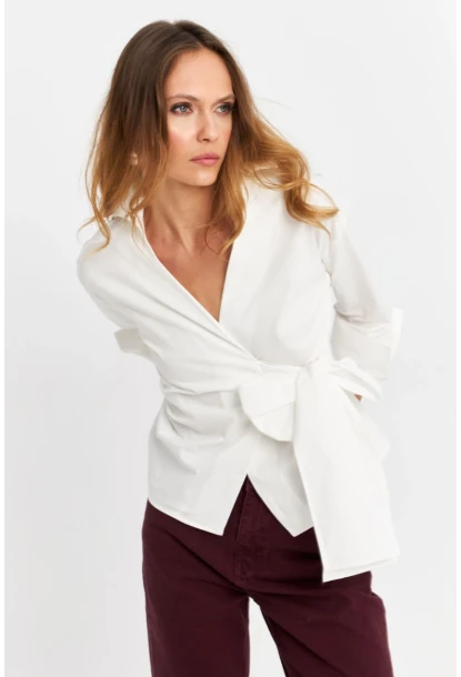 Kadın Ekru Bağlamalı Kruvaze Gömlek MFS9792