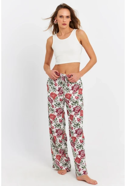 Kadın Ekru-Bordo Çiçek Desenli Pantolon FLS03