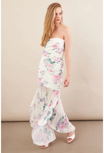 Kadın Ekru Drapeli Straplez Midi Tül Elbise ERL101