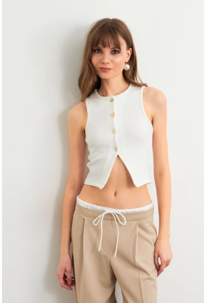 Kadın Ekru Düğme Detaylı Bluz CY354