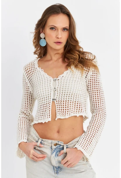 Kadın Ekru File Hırka DS201