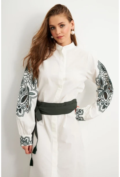 Kadın Ekru-Haki Nakış Detaylı Keten Gömlek Elbise MQS1839-90