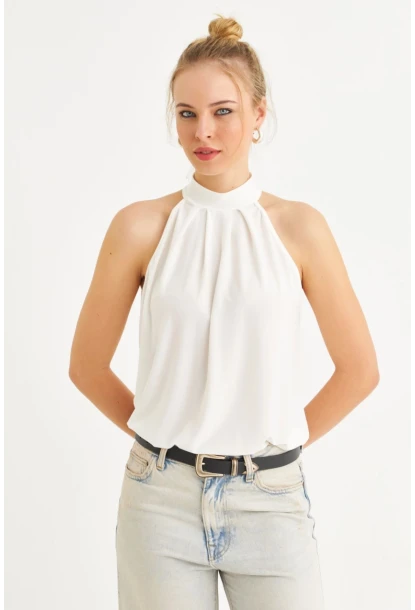 Kadın Ekru Halter Yaka Desenli Bluz LPP1273