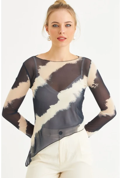 Kadın Ekru-İndigo Desenli Tül Bluz RSP1740