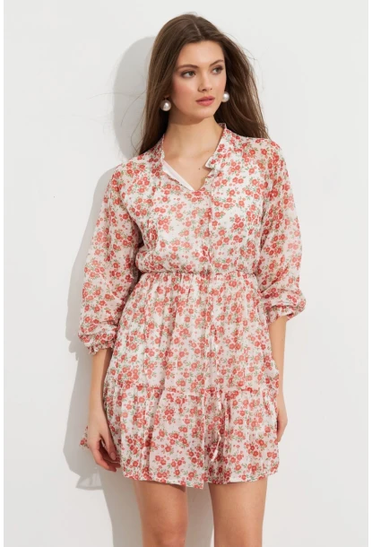 Kadın Ekru-Kırmızı Desenli Şifon Mini Elbise ROP107