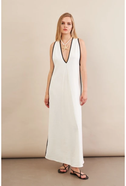 Kadın Ekru Kontrast Çizgili Maxi Keten Elbise MSİ101