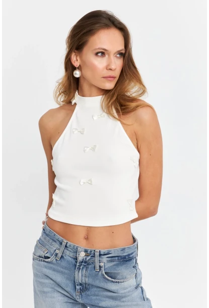 Kadın Ekru Kurdele Detaylı Halter Yaka Bluz MTK13231