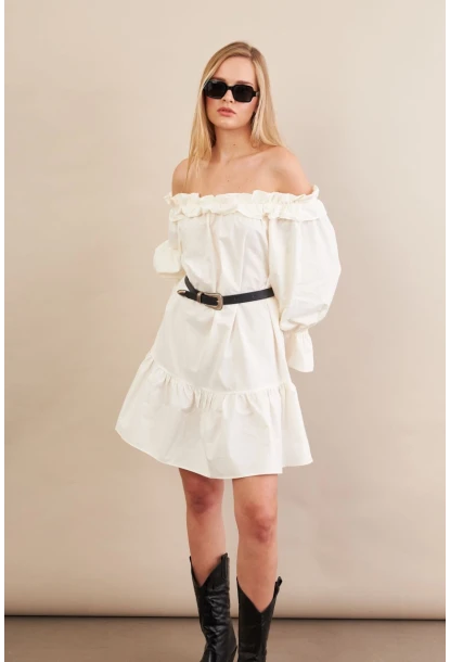 Kadın Ekru Madonna Yaka Midi Elbise PSG1012