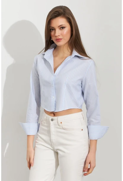 Kadın Ekru-Mavi Çizgili Crop Gömlek MPC305