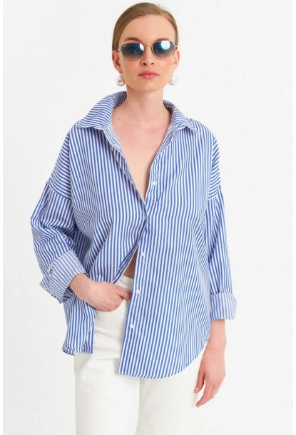 Kadın Ekru-Mavi Çizgili Gömlek ZER425