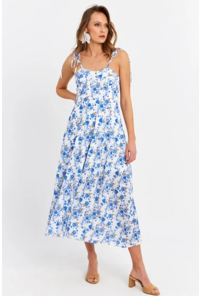 Kadın Ekru-Mavi İp Askılı Çiçekli Midi Elbise ERL10013