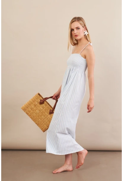 Kadın Ekru-Mavi Straplez çizgili Plaj Elbisesi OR502