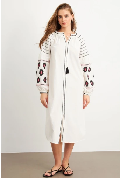 Kadın Ekru Nakışlı Balon Kol Keten Midi Elbise MQS5689-1