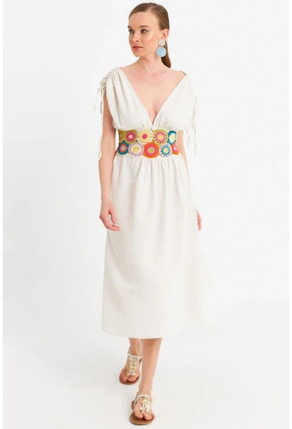 Kadın Ekru Ön Arka V Nakışlı Midi Elbise ELT180