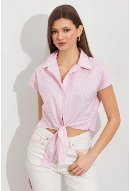 Kadın Ekru-Pembe Çizgili Bağlamalı Crop Gömlek MPC306