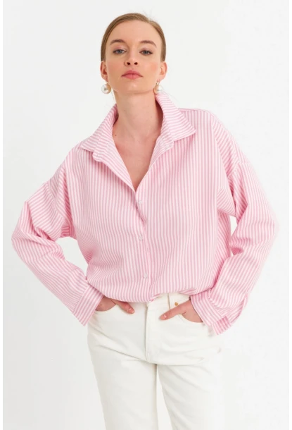 Kadın Ekru-Pembe Çizgili Gömlek ZER425