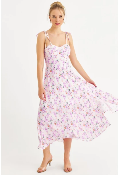 Kadın Ekru-Pembe İp Askılı Çiçekli Midi Elbise ERL10013