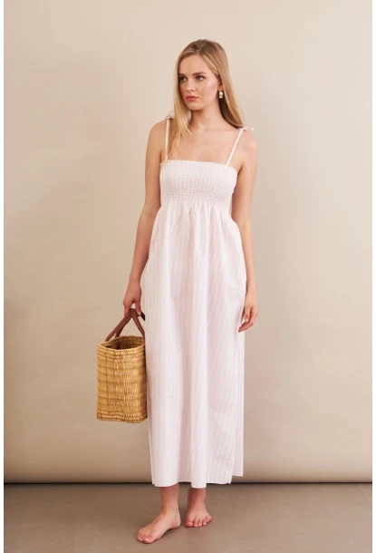Kadın Ekru-Pudra Straplez Çizgili Plaj Elbisesi OR502