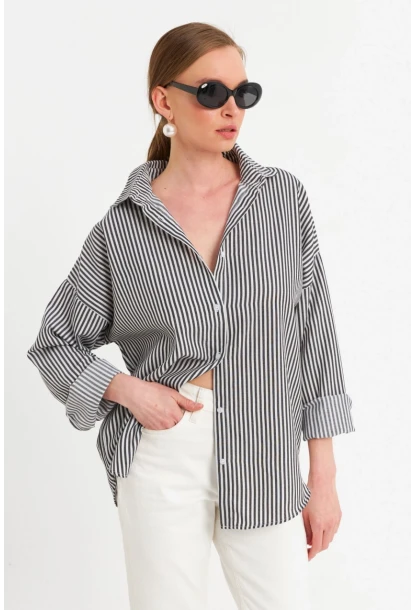 Kadın Ekru-Siyah Çizgili Gömlek ZER425