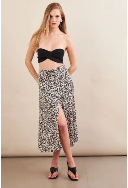 Kadın Ekru-Siyah Düğmeli Midi Etek SH60