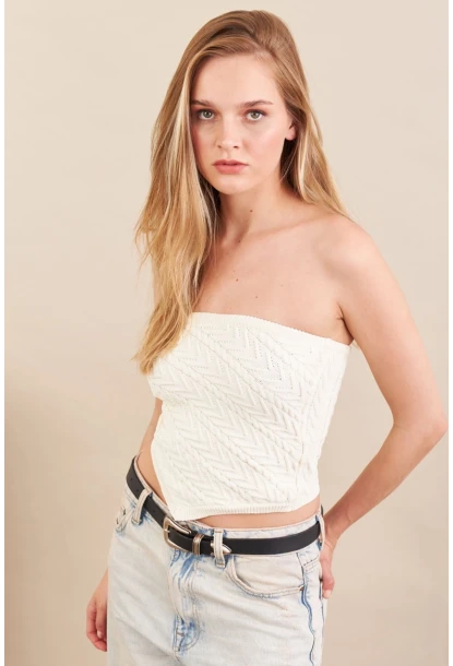 Kadın Ekru Straplez Triko Crop Bluz ZH049
