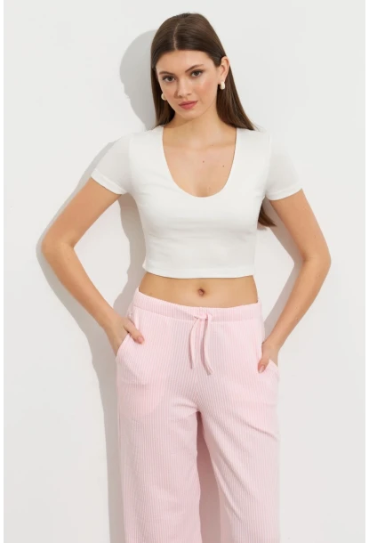 Kadın Ekru V Yaka Crop Bluz TOP101