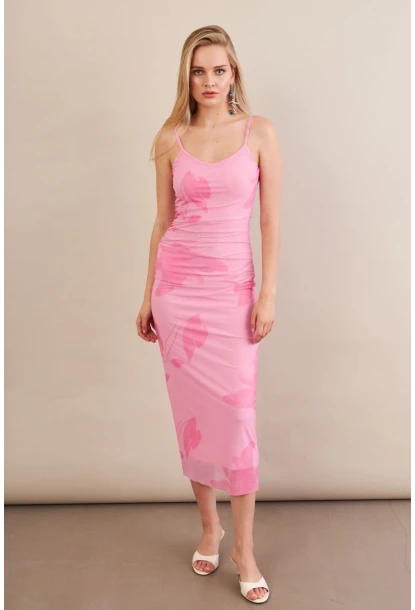 Kadın Fuşya Astarlı Midi Tül Elbise MRS130