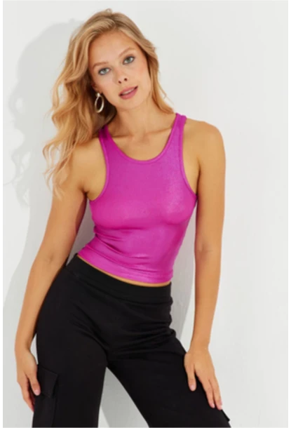 Kadın Fuşya Metalik Crop Bluz LPP1218