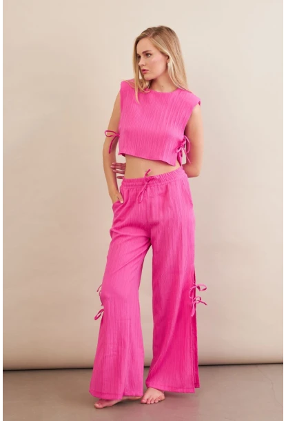 Kadın Fuşya Omuzları Vatkalı Bağlama Detaylı Alt Üst Takım KED002