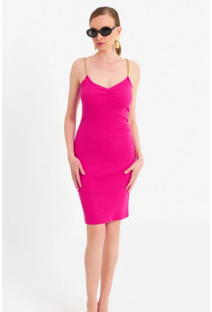 Kadın Fuşya Zincir Askılı Kaşkorse Midi Elbise UR204