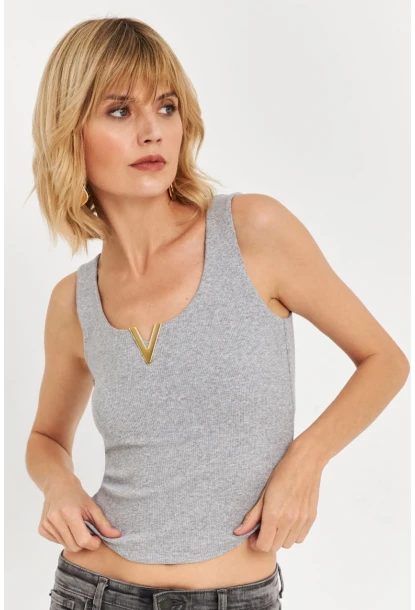 Kadın Gri Aksesuarlı Kaşkorse Bluz RLO116