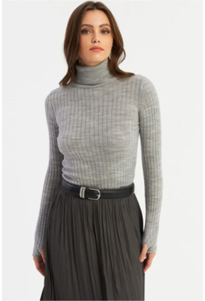 Kadın Gri Balıkçı Yaka Triko Bluz YV102-90