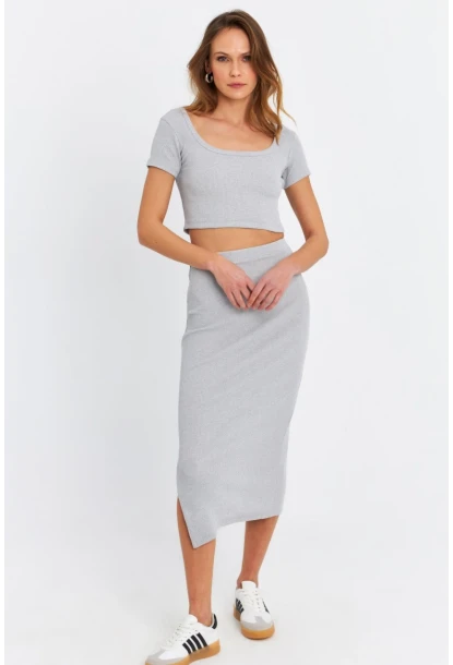 Kadın Gri Crop Etek Takım OR2060