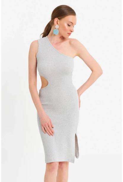 Kadın Gri Dekolteli Kaşkorse Midi Elbise OR2460
