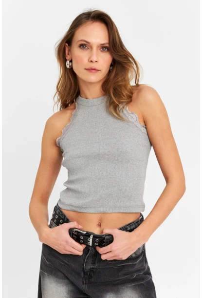 Kadın Gri Halter Yaka Dantelli Bluz MK04