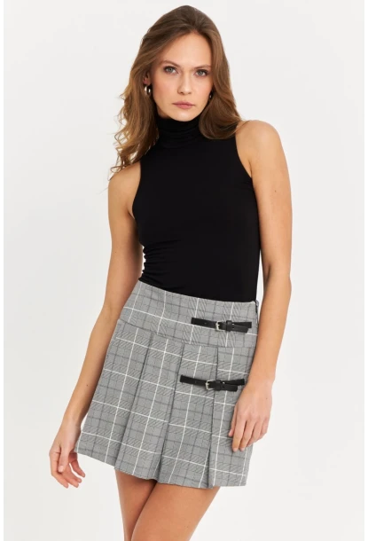 Kadın Gri Kemer Detaylı Ekose Şort Etek FS9473