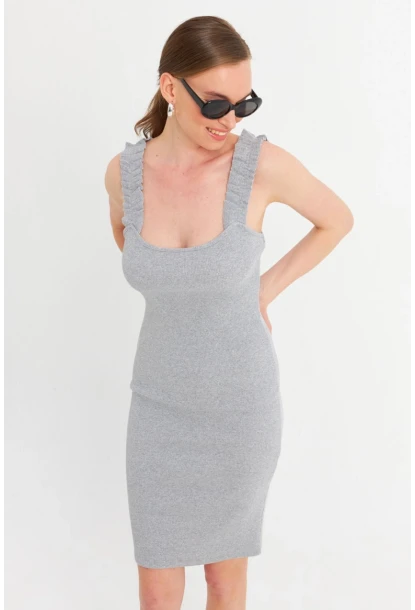 Kadın Gri Omuz Bantlı Kaşkorse Mini Elbise URO203