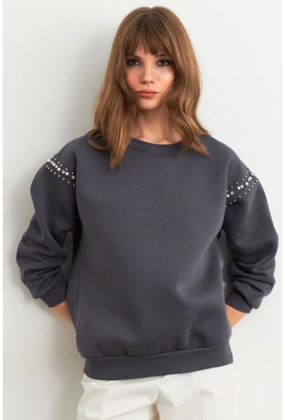 Kadın Gri Omuzları İnci Detaylı Sweatshirt MDY1424