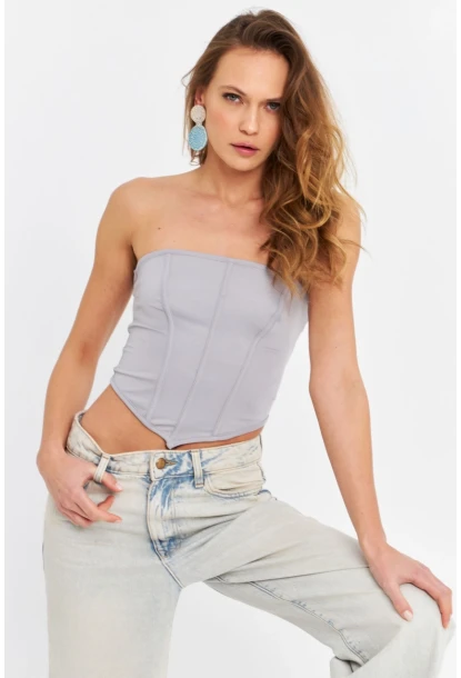 Kadın Gri Straplez Crop Bluz B6081