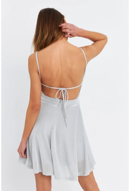 Kadın Gümüş Rengi Kruvaze Simli Astarlı Mini Elbise DCF110