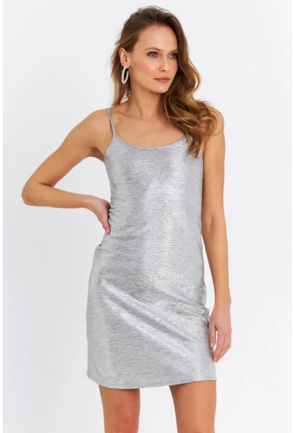 Kadın Gümüş Rengi Varaklı Mini Elbise RSP1054