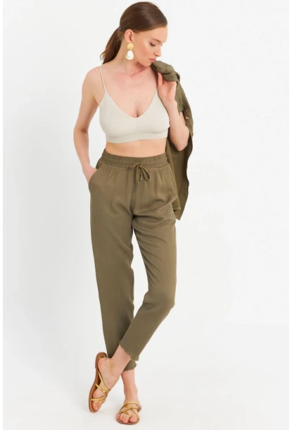 Kadın Haki Beli Lastikli Tensel Pantolon SUN201