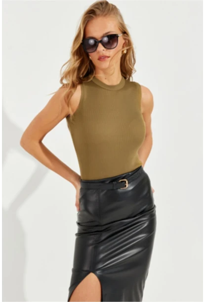 Kadın Haki Bisiklet Yaka Triko Bluz YV91