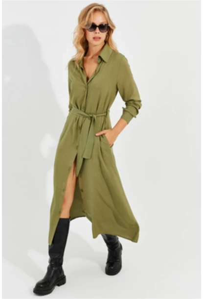 Kadın Haki Cepli Gömlek Midi Elbise BK1683